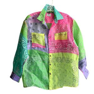 AU Studio Bandana Print Button Front Shirt Top Multicolor Long Sleeve Bohemian